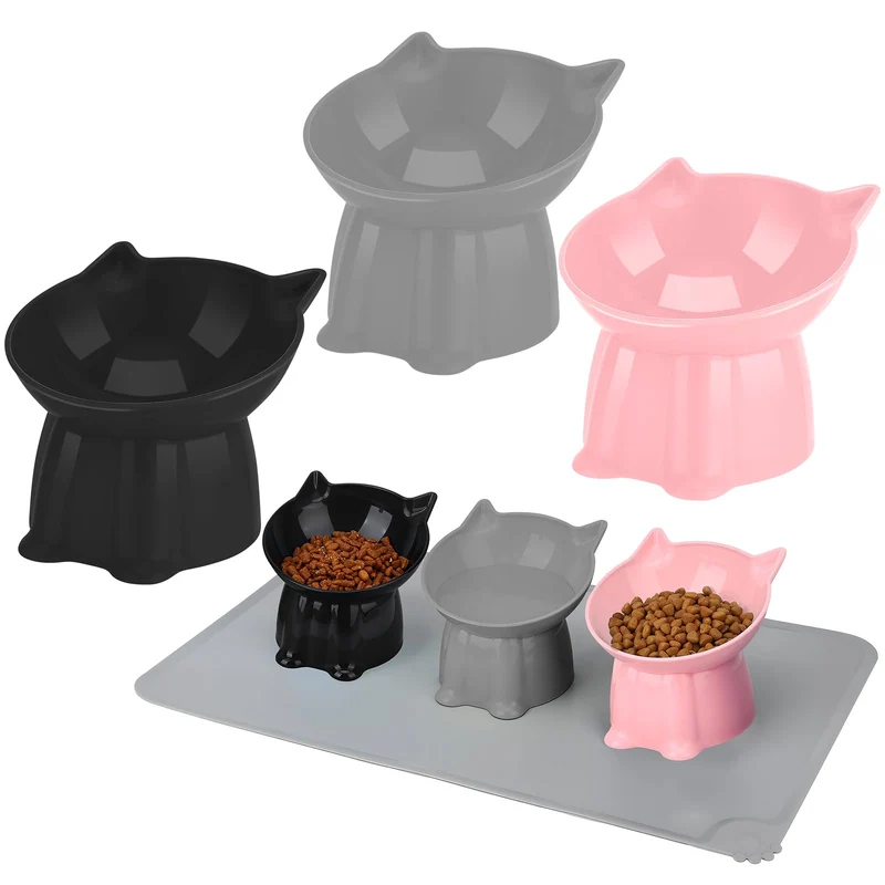 Hoemwarm - Ensemble de 3 Bols Chats Surélèvés 15° avec Tapis Silicone | Rose Gris Noir