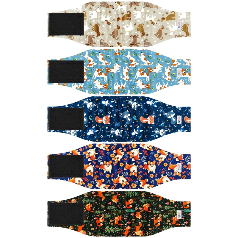 Grecle — Lot de 5 couches réutilisables pour chien mâle Flower S — Bandes ventrales premium et absorption élevée