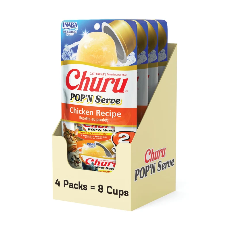 INABA Churu Pop'N Serve Gelée pour Chat – Vitamine E et Taurine, 8 Gobelets de 34 g, Saveur Poulet