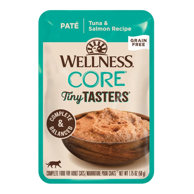 Wellness CORE Tiny Tasters – Pâté Humide pour Chats Adultes (Thon & Saumon), 12 Sachets de 50 g — Complet et Équilibré