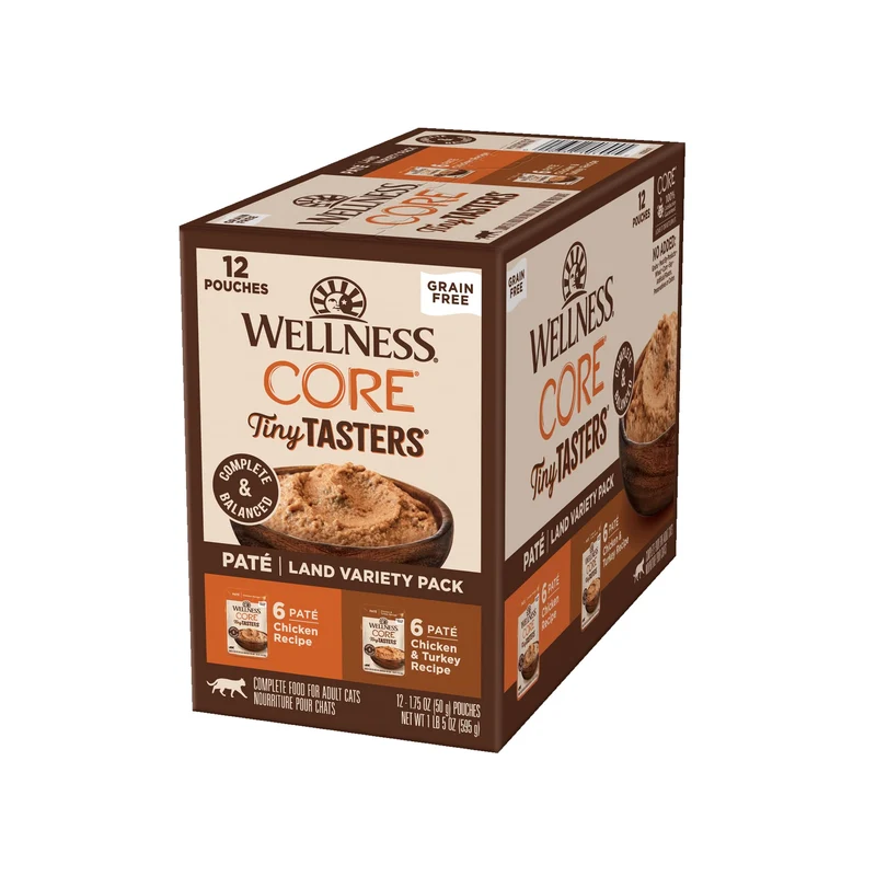 Wellness CORE Tiny Tasters Pâté – Variété Sans Céréales pour Chats Adultes, Protéines Riches, 12 Sachets 1,75 oz
