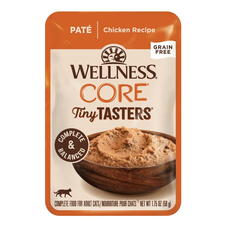 Wellness CORE Tiny Tasters Pâté Chat Adulte — Sans céréales, Riche en protéines, Recette au poulet, 12 sachets de 50 g