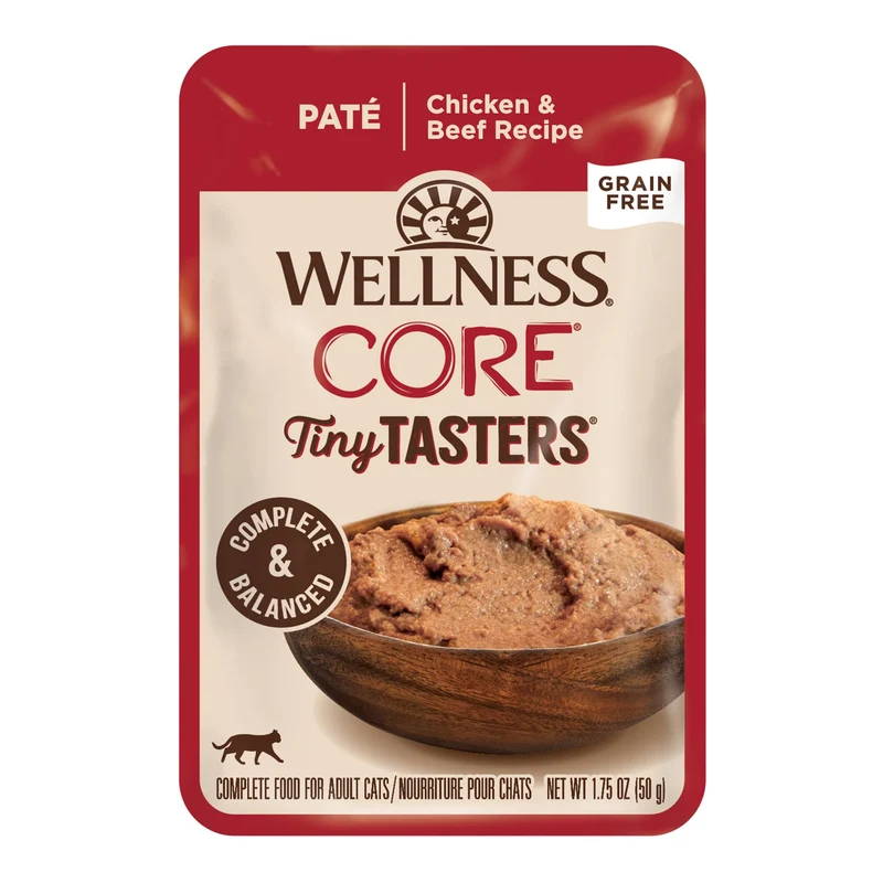 Wellness CORE Mini-Douceurs Pâté Chat Adulte — Aliment Humide Naturel Sans Céréales, Riche en Protéines, Poulet et Boeuf, Lot de 12 Sachets 1,75 oz