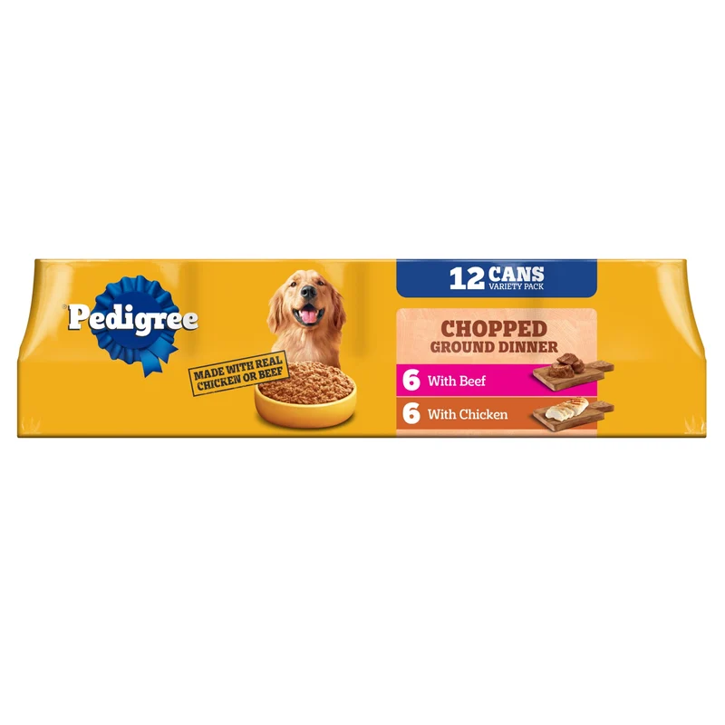 Pedigree Chopped Ground Dinner – Nourriture Humide pour Chien Adulte, Pack 12 Boîtes 375 g (Poulet et Boeuf)