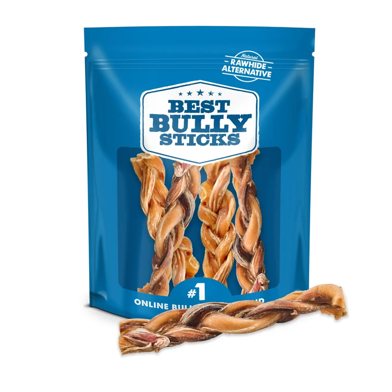 Best Bully Sticks – Bâtons Bully tressés naturels 6 pouces pour grands chiens, paquet de 4 – Boeuf élevé en liberté, sans céréales ni cuir brut