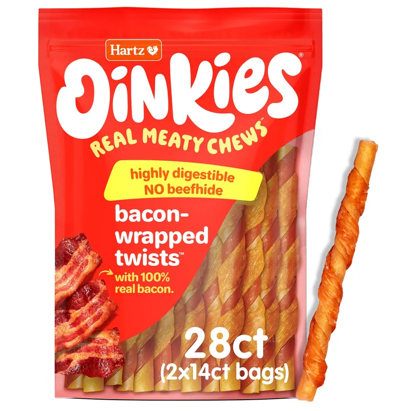 Hartz Oinkies Torsades Enveloppées au Bacon – Friandises Réelles sans Peau de Bœuf, 28 Pièces