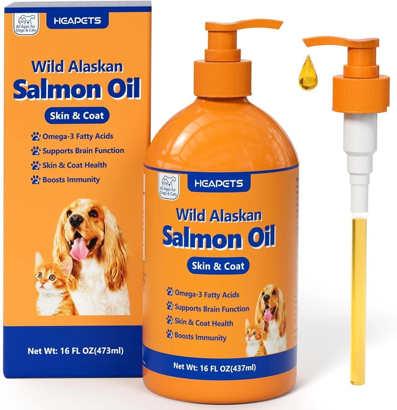 HEAPETS Huile de Saumon Sauvage d’Alaska pour Chiens et Chats (16 oz) – Oméga 3 EPA et DHA avec Pompe