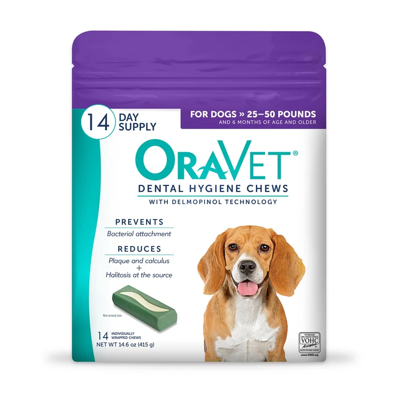 OraVet – Friandises dentaires pour chiens moyens (25–50 lb), Pochette violette, 14 unités
