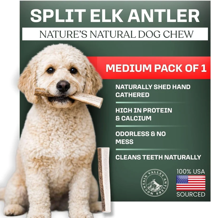 Mountain Valley Antlers – Ramures d’élan naturelles pour chiens, 100% naturel et biologique, sans odeur, longue durée – Qualité A, Tranche moyenne (1 pack)