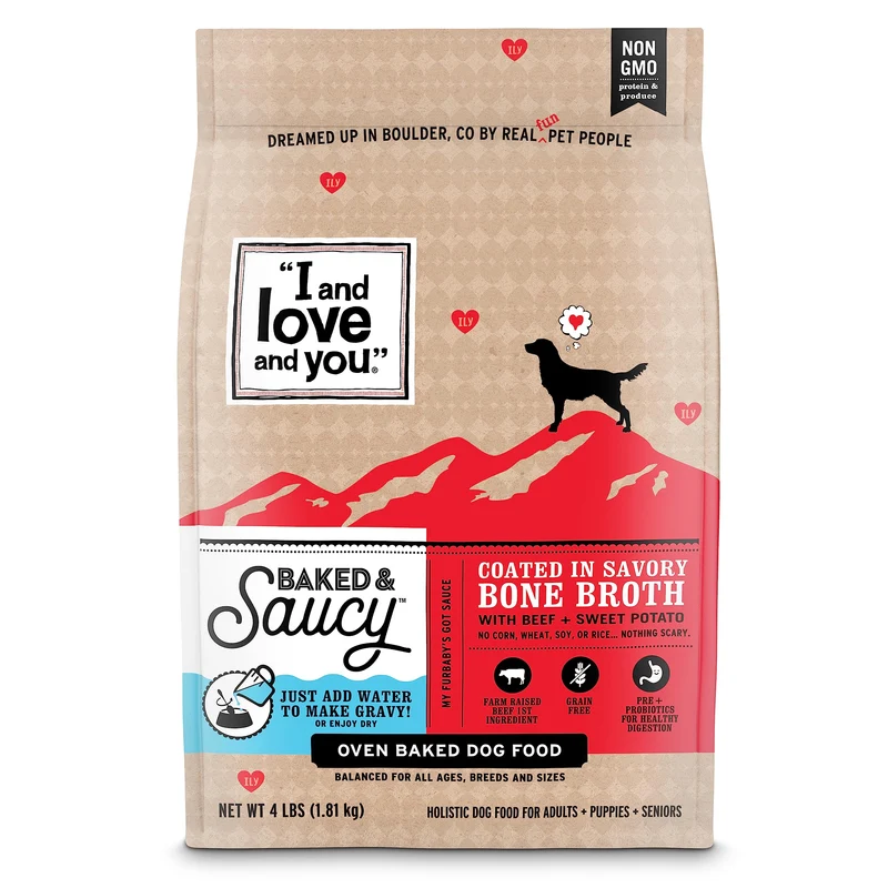 I AND LOVE AND YOU – Croquettes sèches au four et sauce pour chien, Boeuf + Patate douce, prébiotiques + probiotiques, sans céréales, sac de 1,8 kg