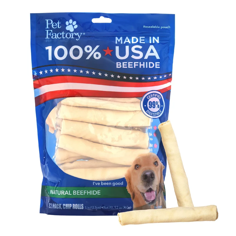 Pet Factory — Rouleaux épais en peau de bœuf 100% USA, Os à mâcher chien 5 po (lot de 22)