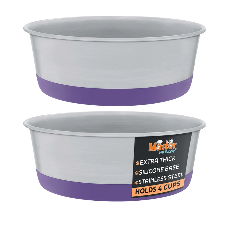 Master Pet Supply Bols en Acier Inox – Ensemble 2 avec Base Silicone Antidérapante, 4 Tasses Plum Crazy
