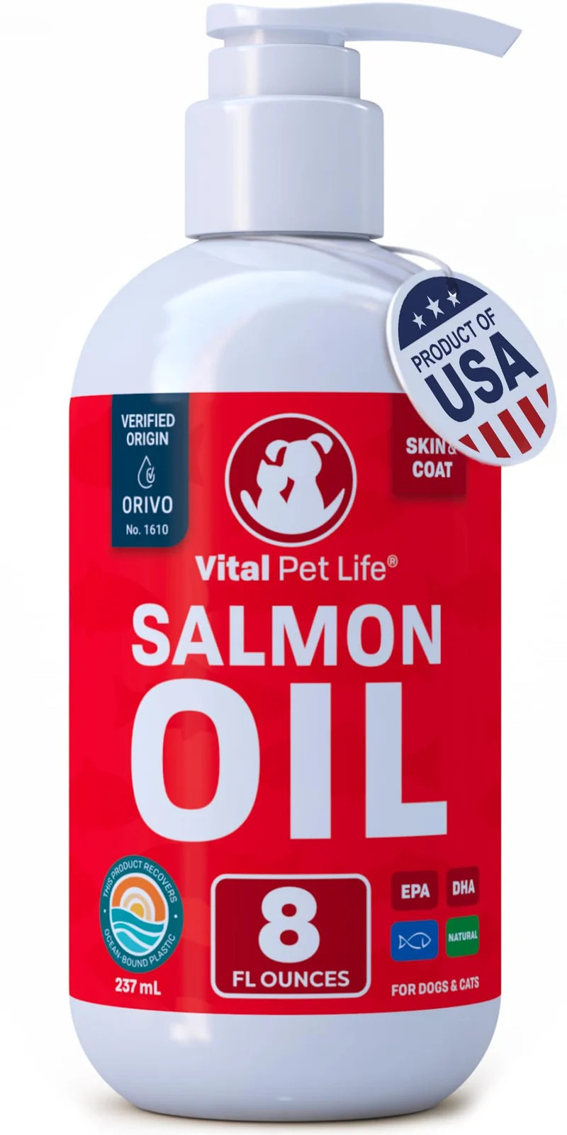 Vital Pet Life - Huile de Saumon pour Chiens et Chats – Peau et Pelage Sains, Oméga 3 EPA/DHA, Flacon 227 g