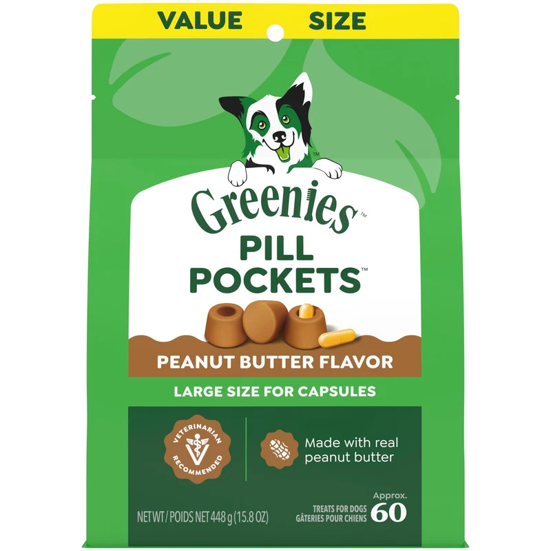 Greenies Poches à Pilules pour Chiens – Grand Format, Saveur Beurre de Cacahuète, 15,8 oz (448 g)