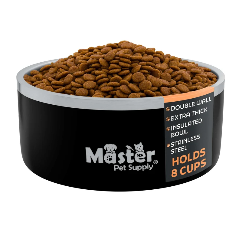 Master Pet Supply - Gamelle en inox 64 oz, double paroi isolante, anti-glissant, noir velours