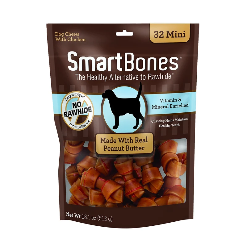 SmartBones Mini Friandises Sans Cuir au Beurre de Cacahuète – 32 Morceaux