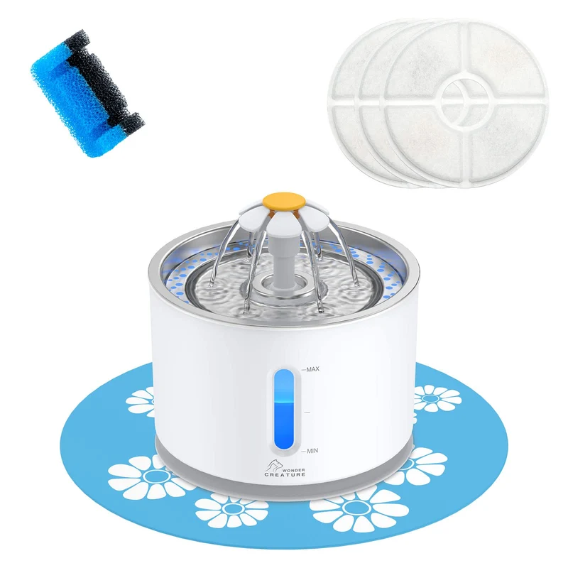 Wonder Creature Fontaine pour Chats en Acier Inoxydable 2,4 L — Fenêtre de Niveau d'Eau, LED et 3 Filtres