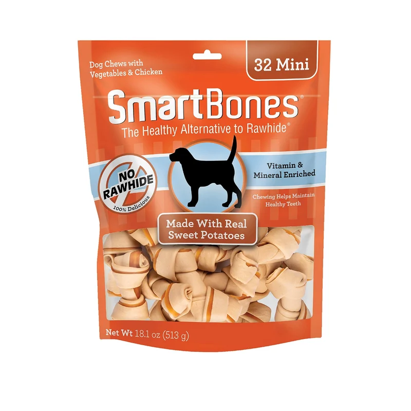 SmartBones Mini Bouchées Sans Cuir — Patate Douce et Poulet, 32 Pièces pour Chiens