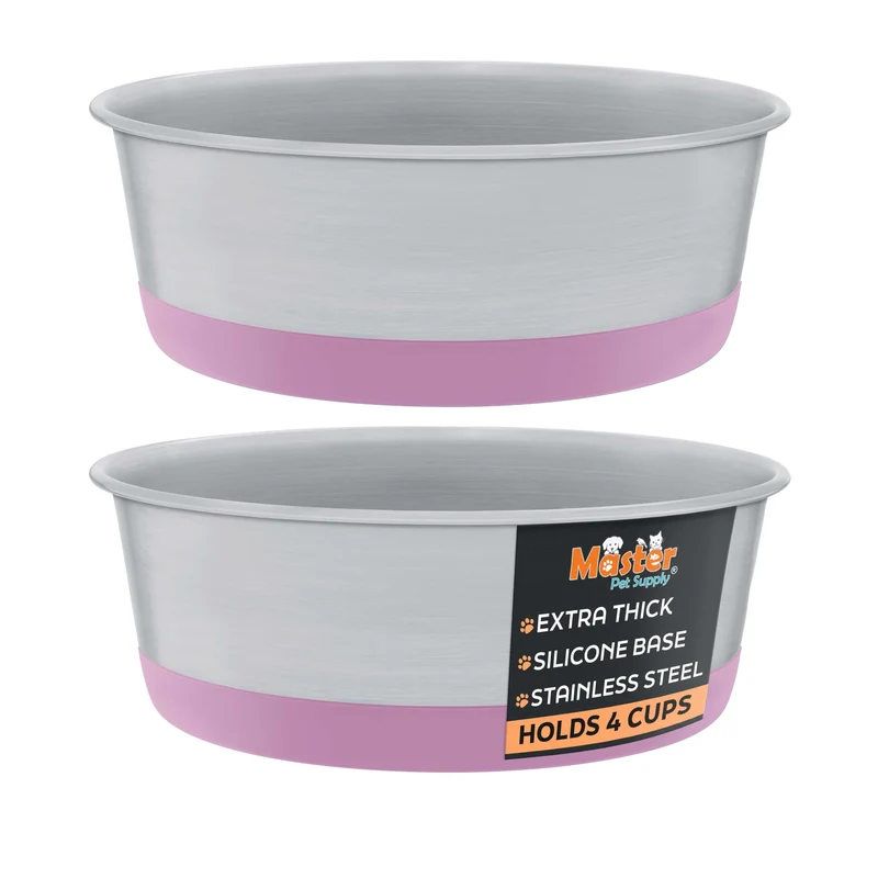 Master Pet Supply – Ensemble de 2 Bols en Inox de 4 tasses, Base Silicone Antidérapante, Rose Vif