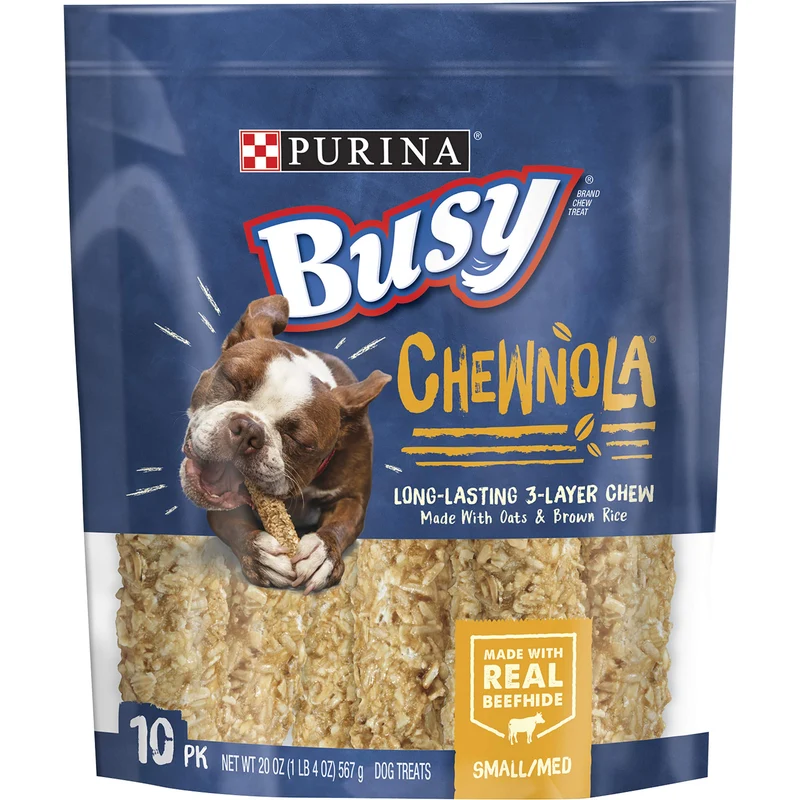 Purina Busy Chewnola — Os à mâcher pour chiens petits/moyens – Avoine et riz brun, 3 couches, poche 10 pièces