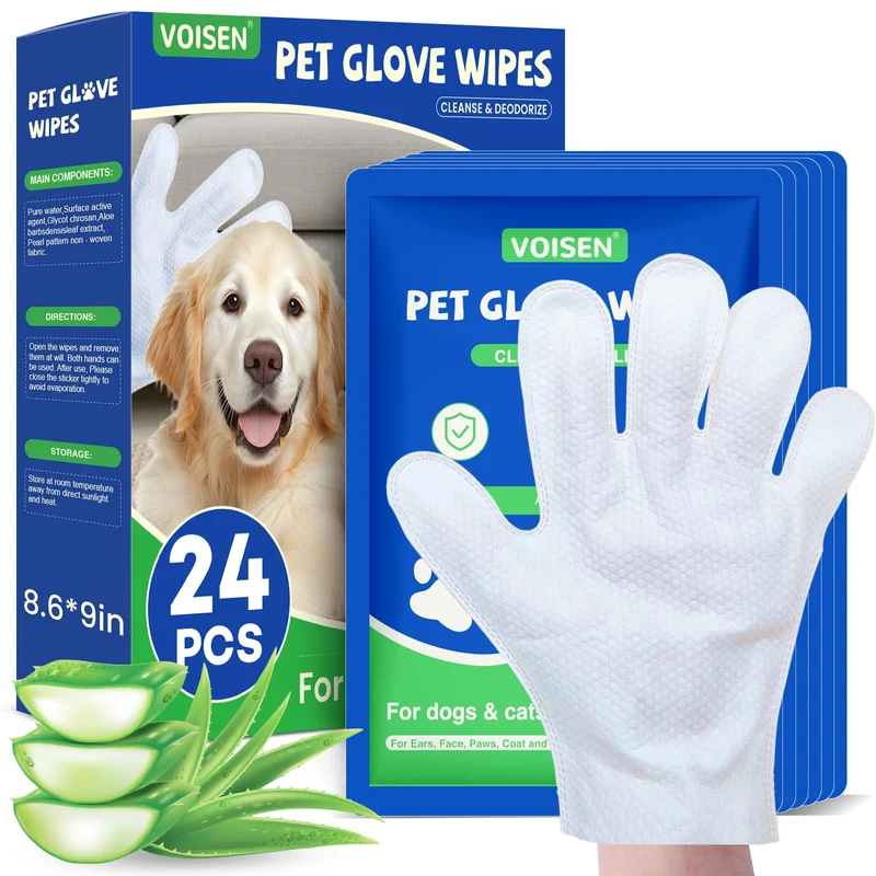 VOISEN Gants-Lingettes pour Chiens – Nettoyage Sans Rinçage, Déodorisation et Soin du Pelage, 24 pièces
