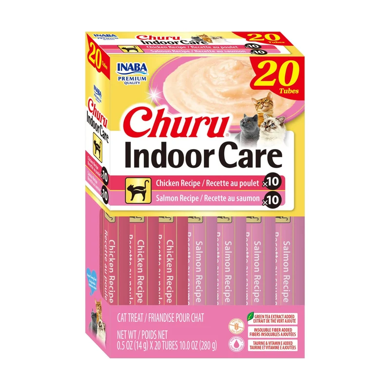 INABA Churu Indoor Care pour Chats – Contrôle des boules de poils, friandise onctueuse 0,5 oz par tube, 20 tubes, saveurs poulet & saumon