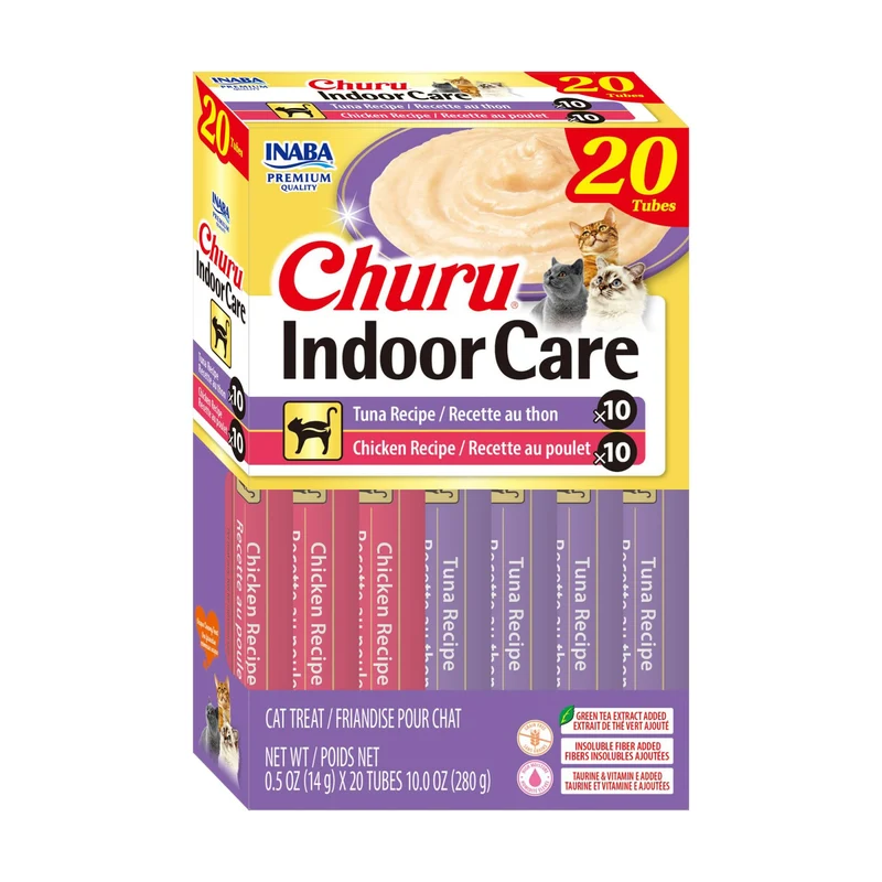 INABA Churu Indoor Care – Friandise purée pour chats, Taurine & Extrait de thé vert, 20 tubes de 0,5 oz, saveur Thon & Poulet