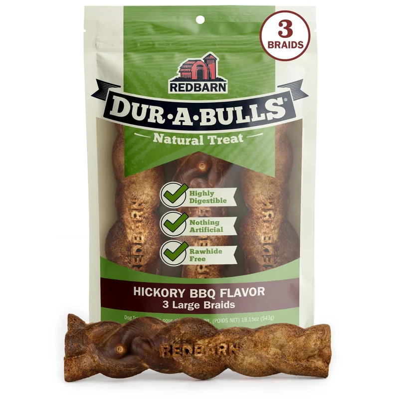 Redbarn Dur-A-Bulls Friandises Naturelles pour Chiens — 3 Grandes Tresses Hickory, Fabriqué aux États-Unis