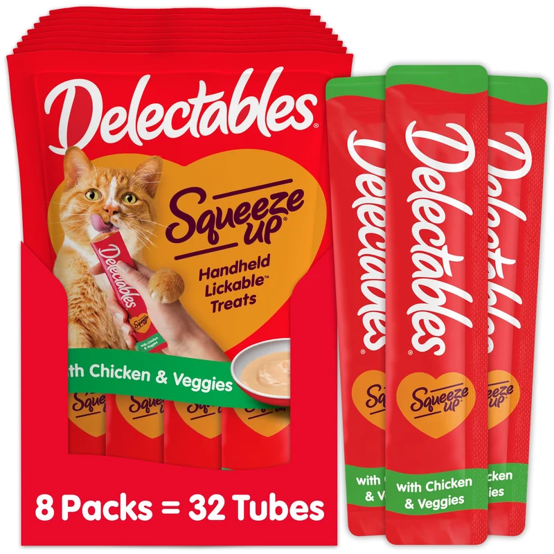 Delectables Squeeze Up – Friandises à lécher humides pour chats adultes et seniors, poulet et légumes, pack de 8 (32 tubes)