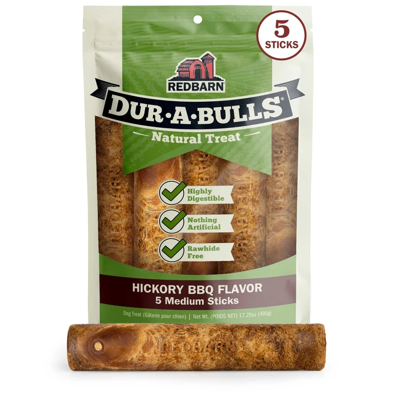 Redbarn Dur-A-Bulls Friandises Naturelles pour Chiens – 5 Bâtons Moyens Saveur Hickory – Fabriqué aux États-Unis