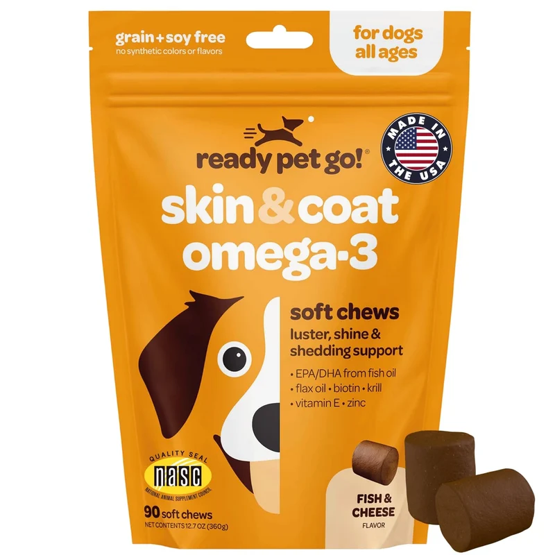 Ready Pet Go! Gommes à mâcher peau et pelage pour chiens | Oméga 3 EPA/DHA, Krill Oil & Vitamine E | 90 bouchées | NASC certifié & Fabriqué aux États-Unis