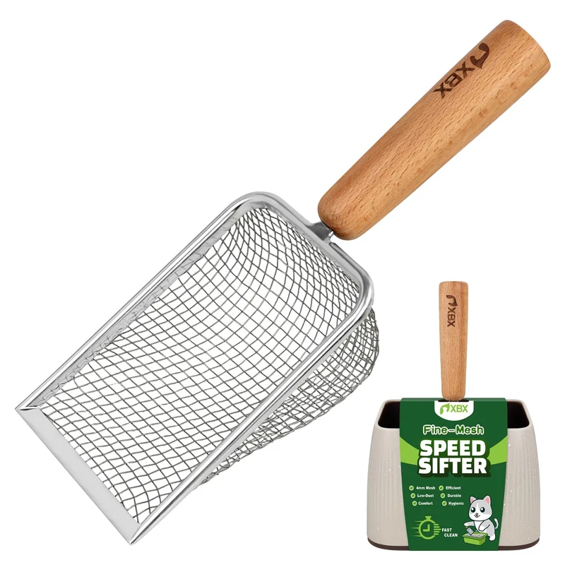 XBX Pelle à litière pour chat avec support – maille métallique, manche en bois, tamisage efficace