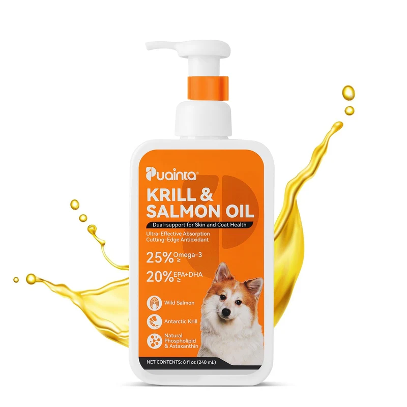 PUAINTA Huile Krill & Saumon pour chiens et chats – Omega-3 EPA/DHA, peau et pelage – 8 oz