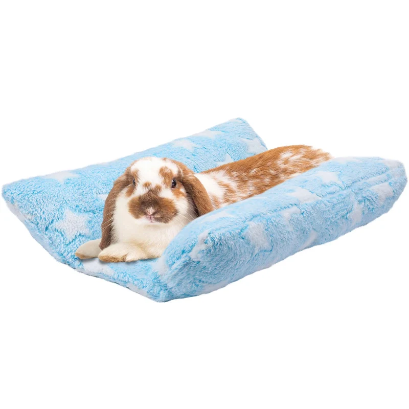 MEWTOGO Coussin Douillet pour Lapin – 15,7 x 14 po, Matelas plush bleu clair à étoiles
