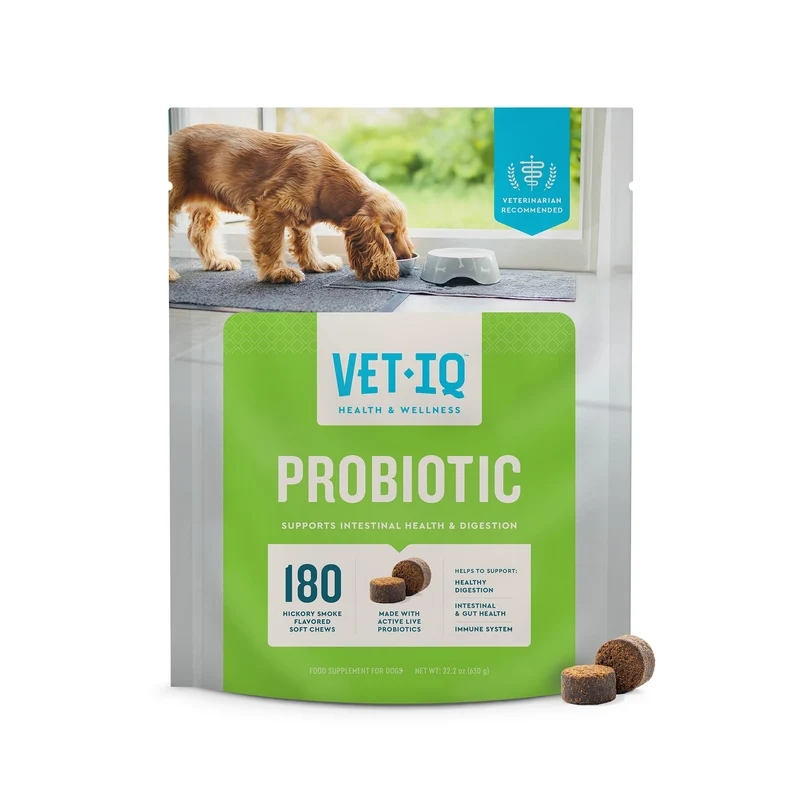 VetIQ Probiotiques pour Chiens – Santé Digestive, Saveur Hickory, 180 Gommes, Fabriqué aux États‑Unis