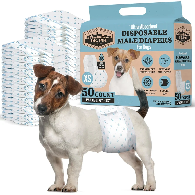 Dr Pol – Couches jetables pour chien mâle | Indicateur d'humidité, Ajustement réglable et Protection anti-fuites – Pack de 50
