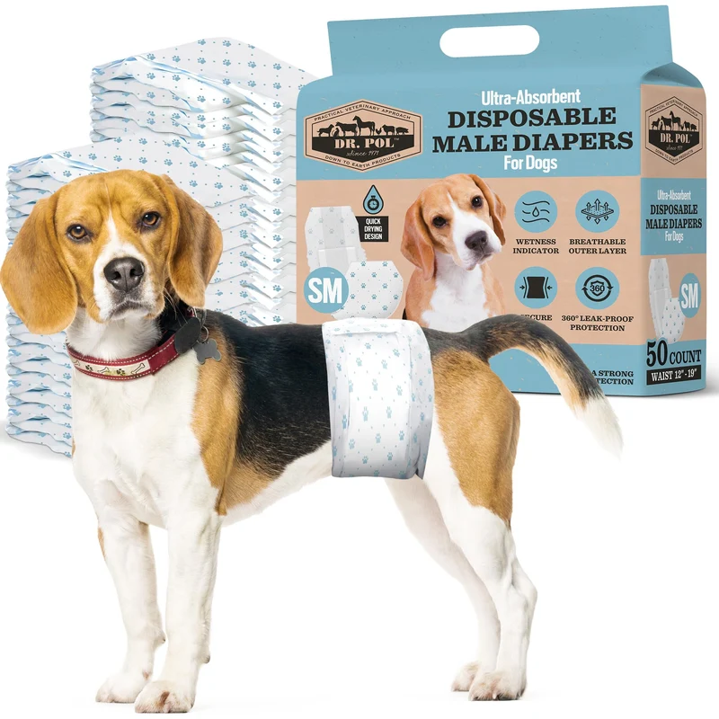 Dr Pol Couches pour Chiens Mâles | Couches Jetables avec Indicateur d'Humidité | Ajustables & Protection Anti-Fuites | Lot de 50