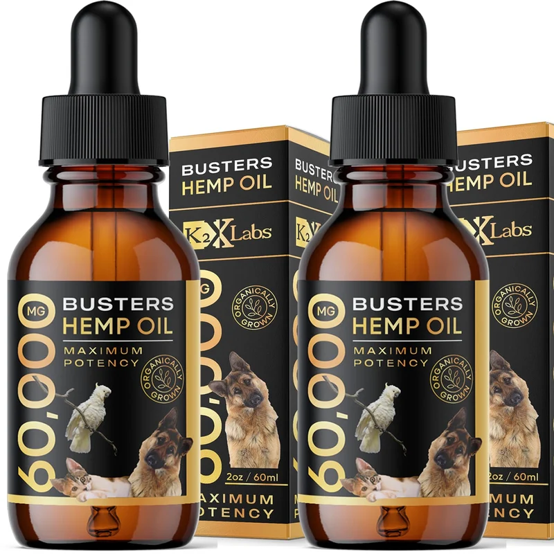 K2xLabs Buster – Huile de chanvre biologique 60 ml, lot de 2 (4 mois) pour chiens et chats – Oméga 3/6/9, soutien articulaire et calme