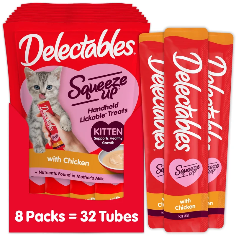 Delectables Squeeze Up Chaton – Purée Crème en Tube, 32 Tubes (0,5 oz), Sans Céréales
