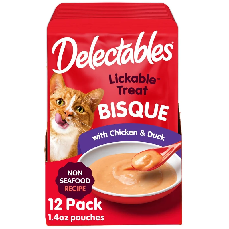 Delectables Bisque Sans Poisson – Friandise à Lécher pour Chats Adultes et Seniors, Lot de 12