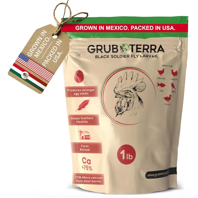 GrubTerra – Larves de Mouche Soldat Noire Séchées (BSFL) pour Poules — Protéine Élevée et Calcium, Complément Alimentaire, Origine Mexique, Sans Chine – 1 Livre