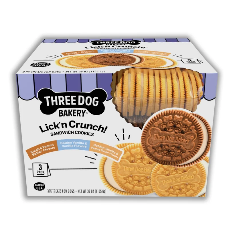 Three Dog Bakery Lick'n Crunch – Biscuits sandwich premium pour chiens sans arômes artificiels, Caroube & Beurre de cacahuète, 39 oz (Pack de 1)