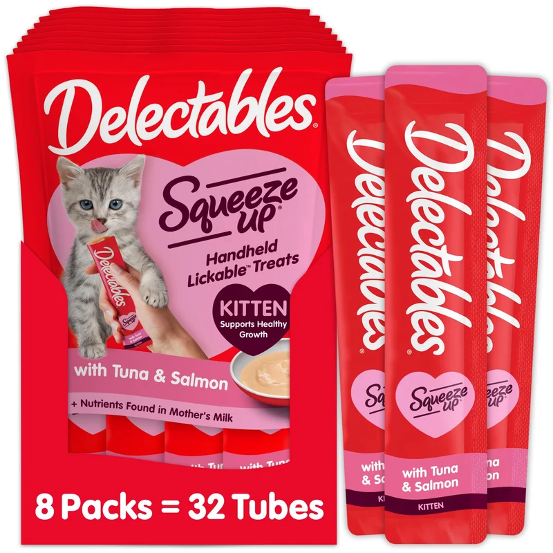 Delectables Kitten Squeeze Up – Purée crème à lécher pour chatons (thon & saumon), 32 tubes, sans céréales