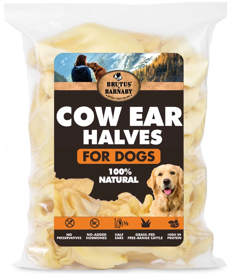 BRUTUS & BARNABY - Oreilles de vache pour chiens – Demi-portion, 12 pièces, Bœuf Angus nourri à l'herbe, Alternative naturelle sans cuir brut