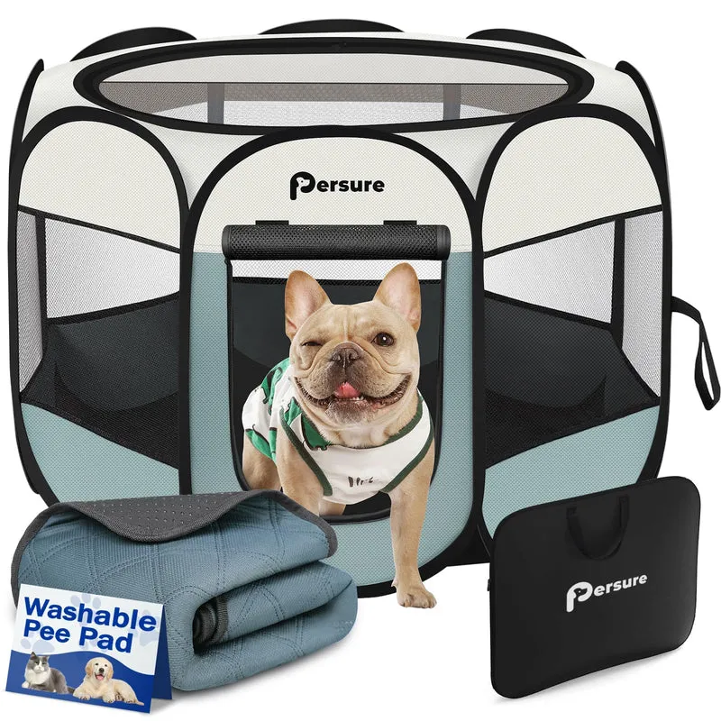 Persure Parc Chien et Chat – Enclos Pop-Up Portable Gris, Petit avec Coussin (Intérieur/Extérieur)