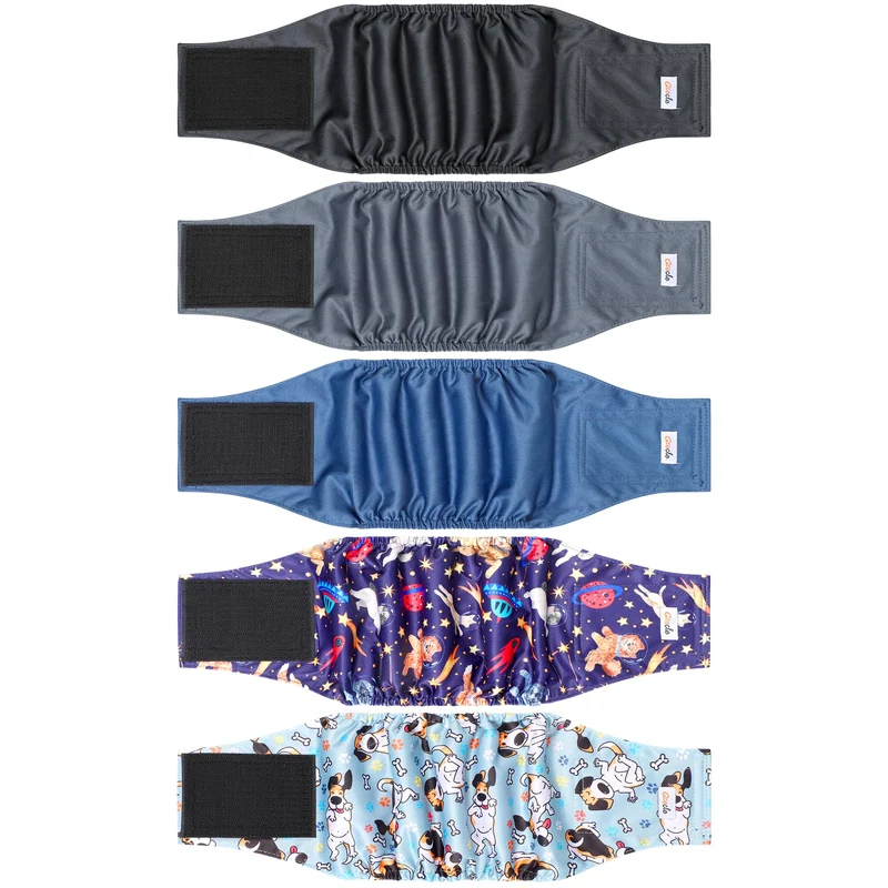 Grecle Pack 5 Couches pour Chiens Mâles Réutilisables — Bandes Abdominales Premium, Absorption Élevée, Noir
