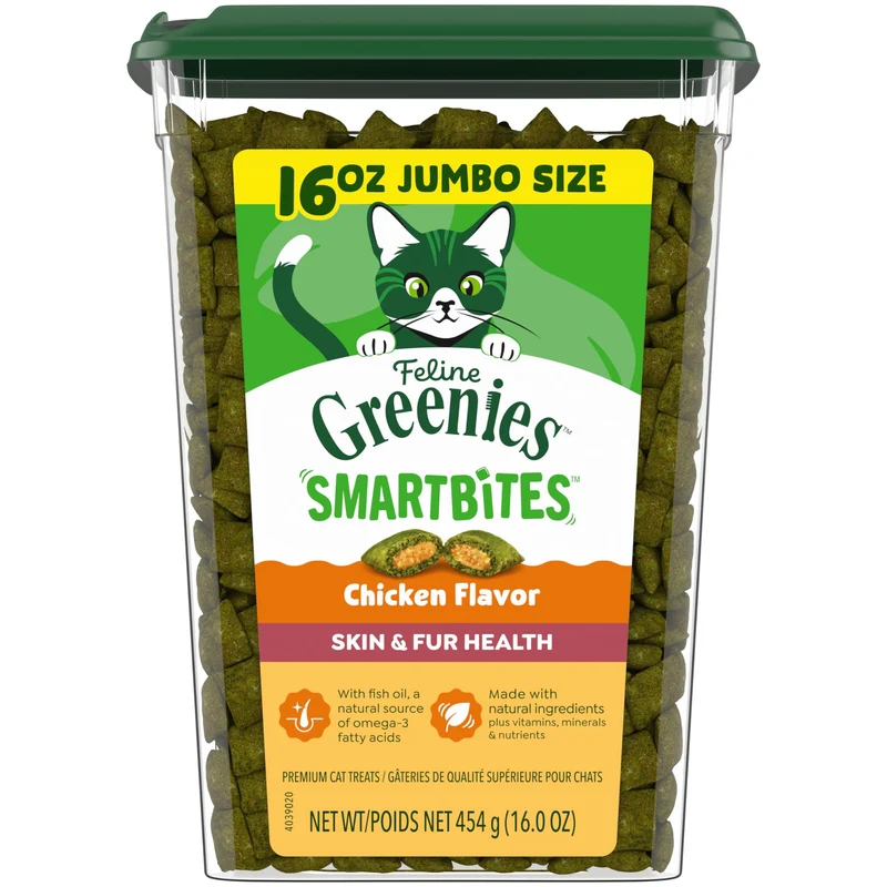 Friandises Greenies pour chats – Smartbites Peau et Pelage, Texture Croquante et Crémeuse, Goût Poulet, Boîte 450 g