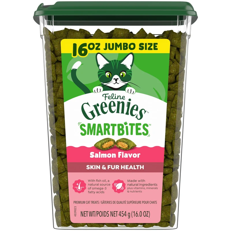 Greenies Bouchées Intelligentes Skin & Fur pour Chats – Saveur saumon, Croquant et Moelleux, Tube 454 g
