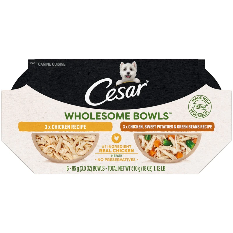 CESAR Wholesome Bowls – Recette Poulet pour chiens adultes, patates douces & haricots verts, 6 bols de 3 oz