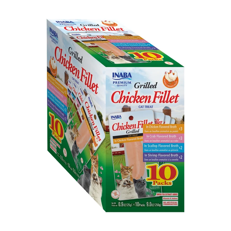 INABA Friandises Fillet de Poulet Grillé pour Chat – Vitamine E & Extrait de Thé Vert, 0,9 oz, Pack 10 Variété